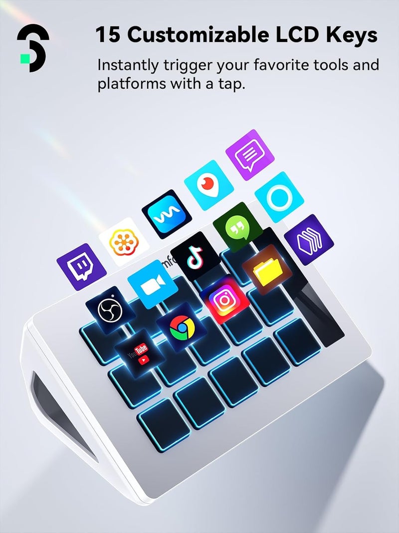 SOOMFON Stream Controller Stream Control Deck with 15 LCD Macro Keys Customizable for Content Creators Streaming Gaming to Trigger Actions in OBS, YouTube, Twitch and More, Compatible with PC & MAC - Image 2